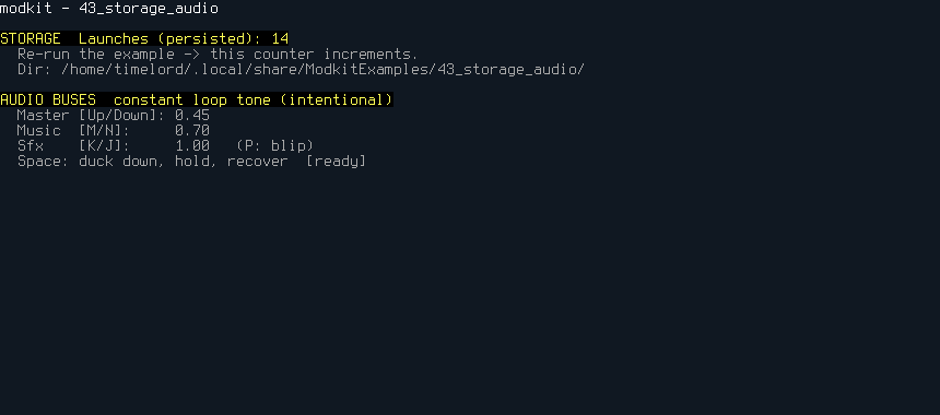 Per-user storage/config (storage.h) + audio mixer buses (audio.h)