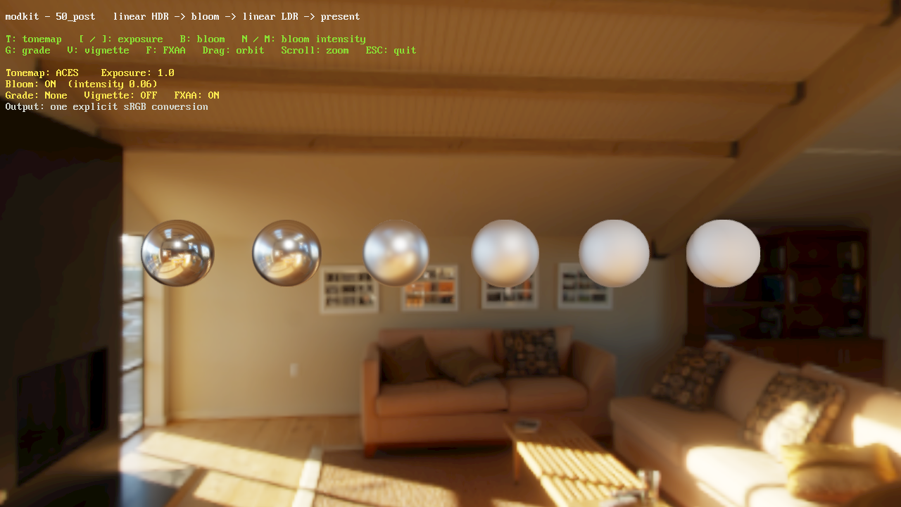 Example 50 - Post-processing: HDR scene target -> tonemap (mk_post).