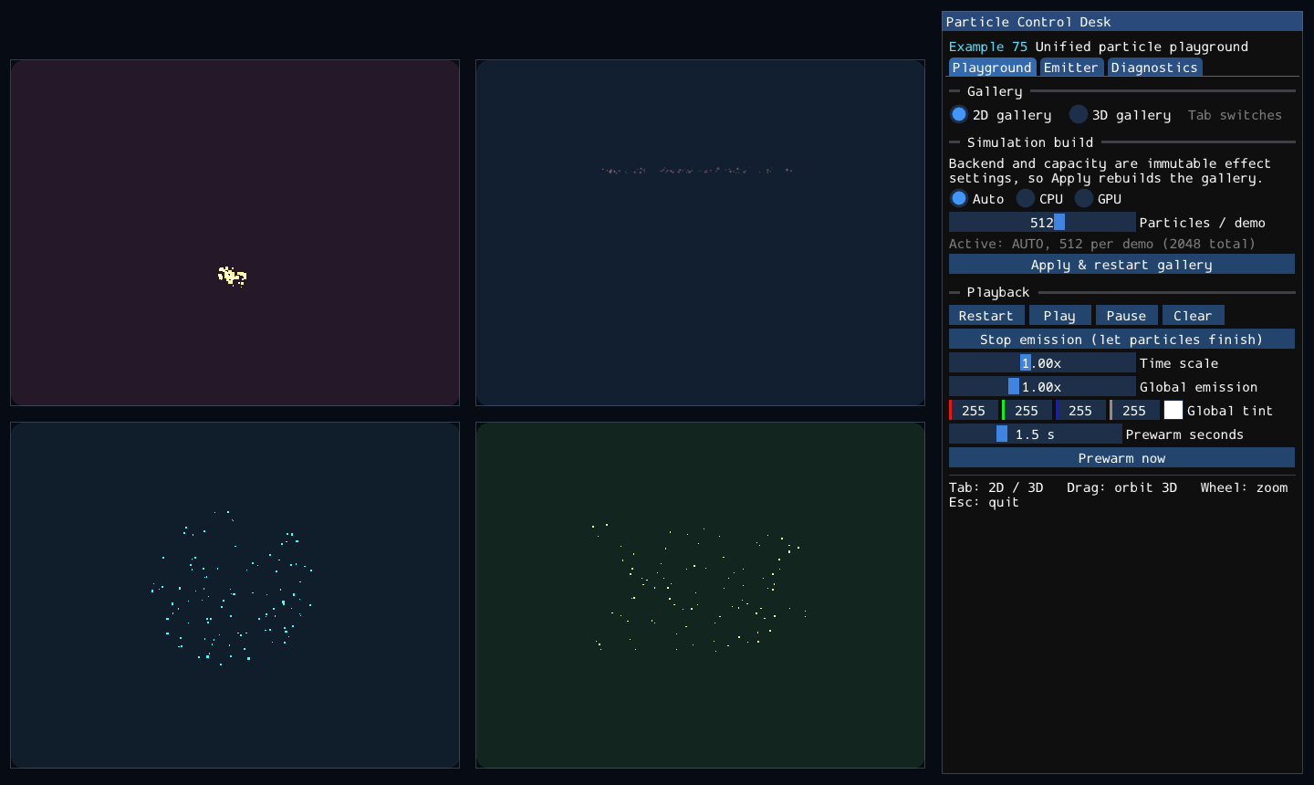 Example 75 - unified 2D/3D particle playground.