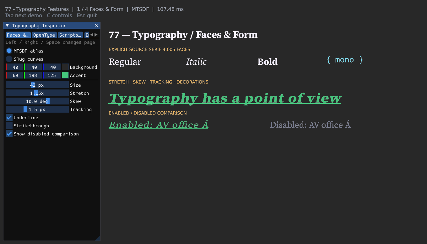 Four-page typography feature comparison.